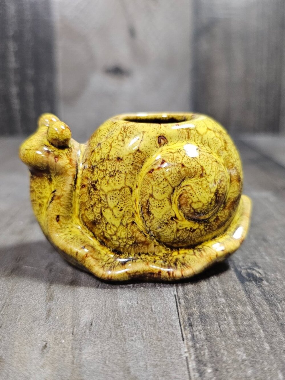 Yellow Glazed Snail Small Ceramic Toothpick Holder Decor Kitsch Vintage Retro